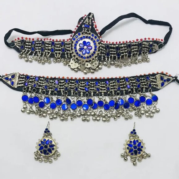 Afghan Blue Glass Stones Jewelry Set, Four Piece Kuchi Afghan Jewelry Set - Picture 1 of 7